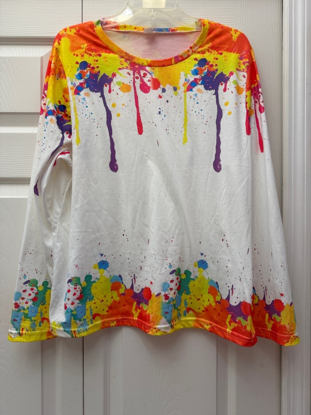 White Long Sleeve Paint-Splash Top with Yellow, Orange, Purple Accents